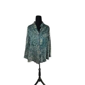 North Star Women’s Size M Button Front Shirt Teal Blue White Speckled 100% Rayon